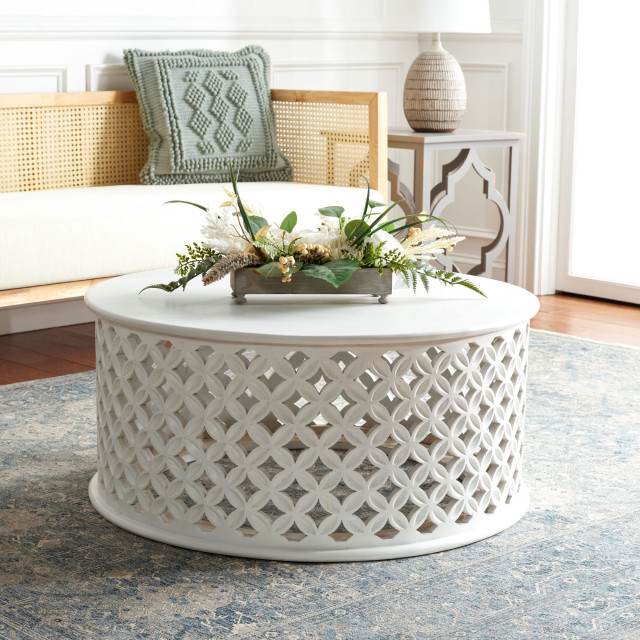 Rustic Coastal Round Coffee Table with Lattice Mango Wood Frame ...
