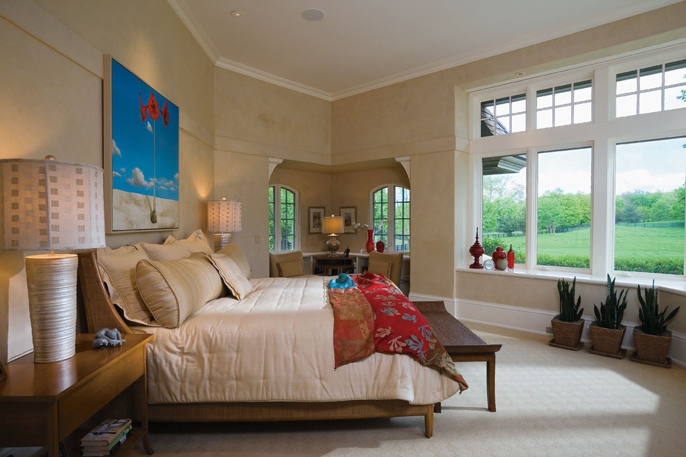 Inspiration for a country bedroom in Minneapolis with beige walls and carpet.