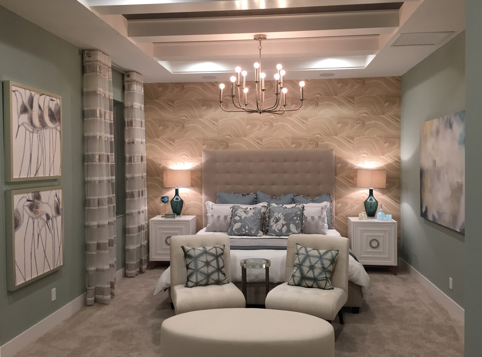 This is an example of a transitional bedroom in Orlando with blue walls, exposed beam and wallpaper.