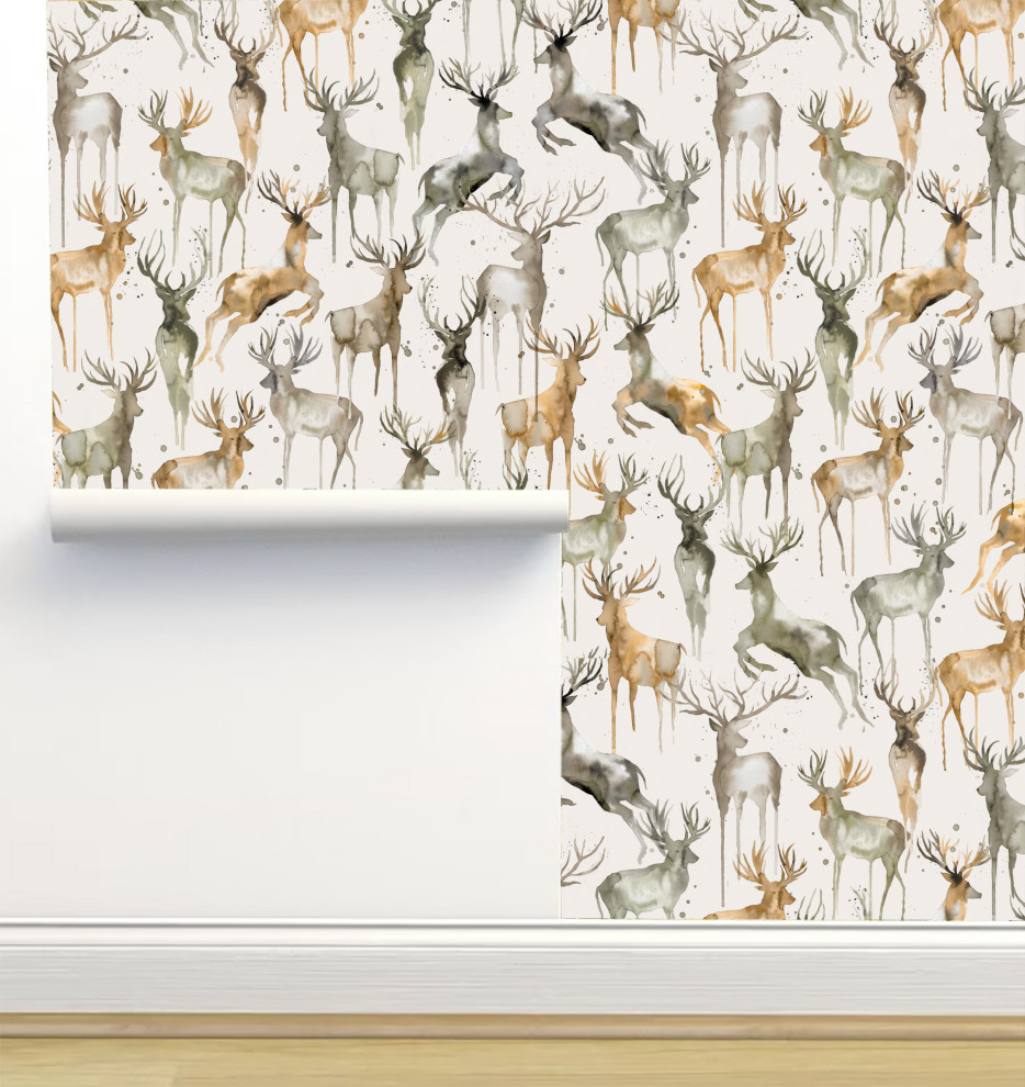 Watercolor Wintery Deers Beige Wallpaper by Ninola Designs, 24"x72"
