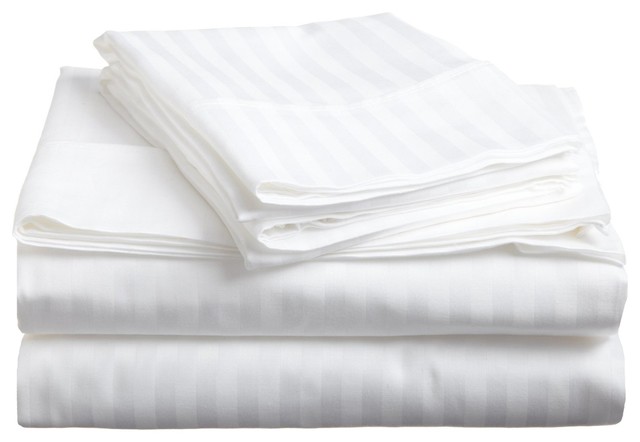 300-Thread Count Stripe Deep Pocket Egyptian Cotton Sheets, White, Queen