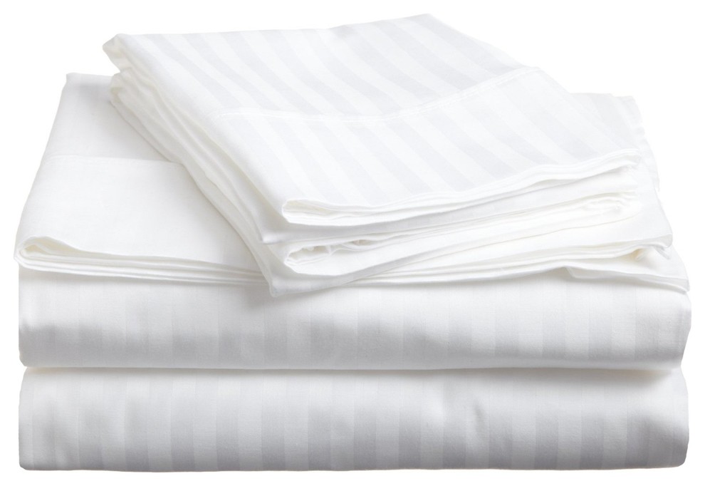 300-Thread Count Stripe Deep Pocket Egyptian Cotton Sheets, White, Queen