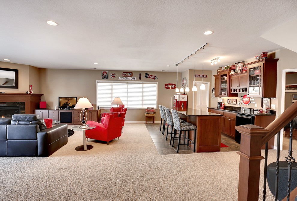 Mid-sized traditional walk-out basement in Minneapolis.