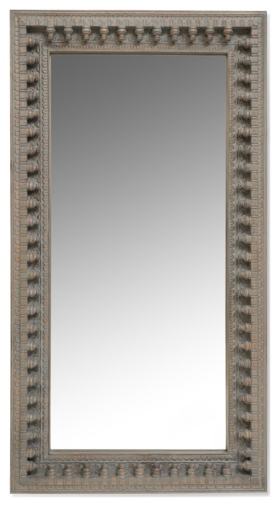 Finn Boho Handcrafted Mango Wood Carved Hanging Floor Mirror, Distressed Gray