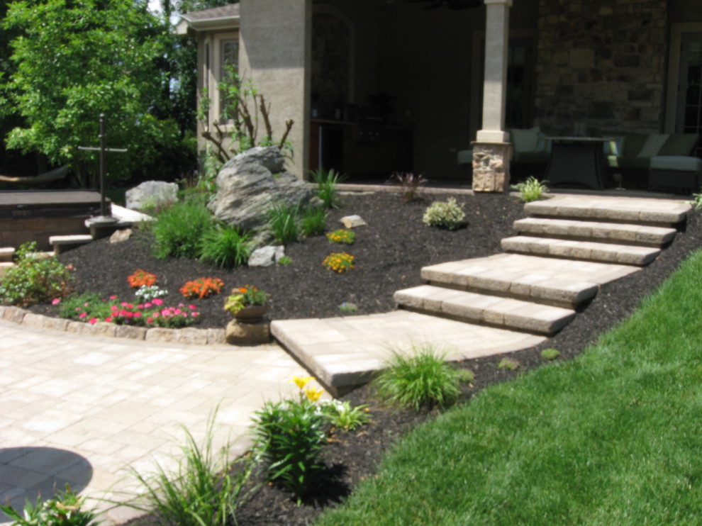 Trendy backyard concrete paver patio photo