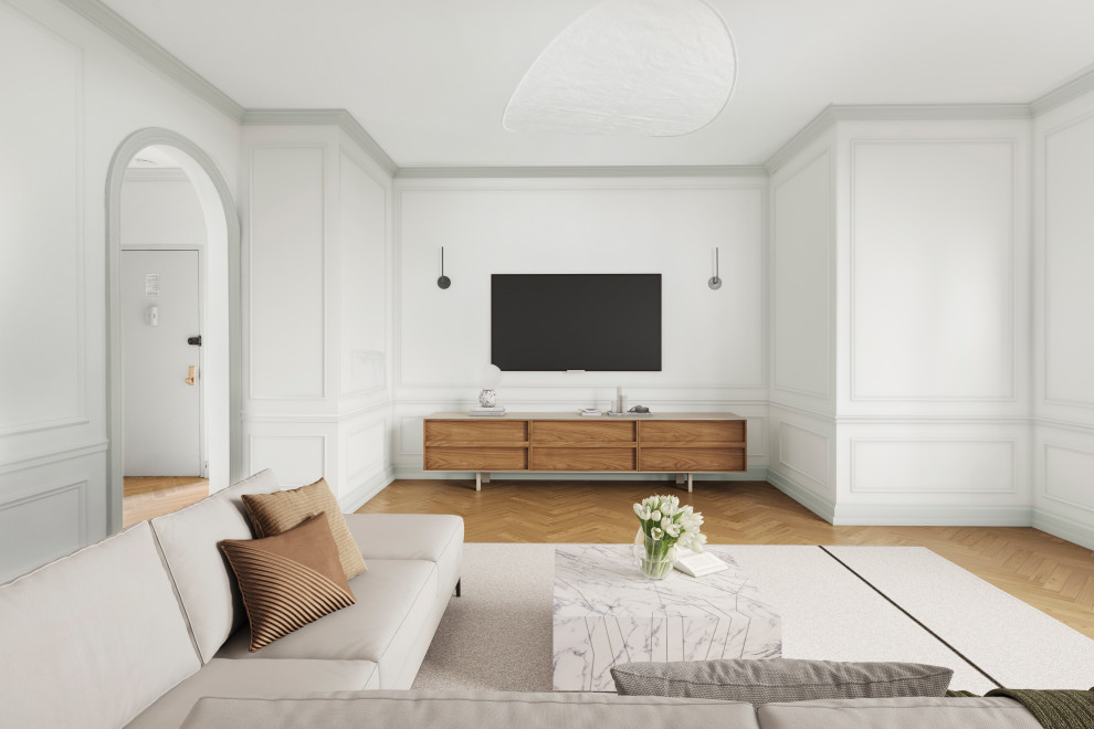 Example of a large trendy enclosed light wood floor and beige floor living room design in New York with white walls, no fireplace and a wall-mounted tv