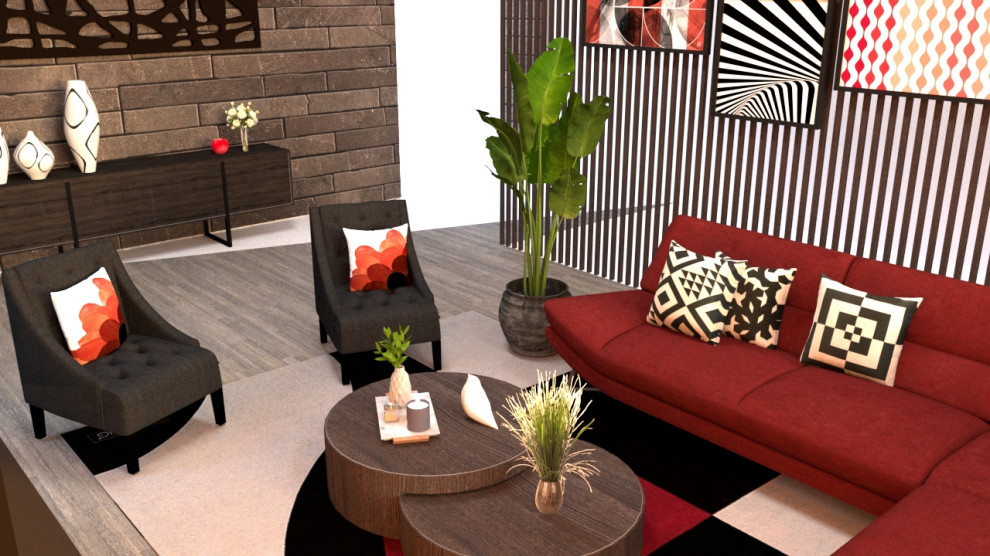 Design ideas for a mid-sized midcentury open concept living room in Vancouver with light hardwood floors, a ribbon fireplace and a wall-mounted tv.
