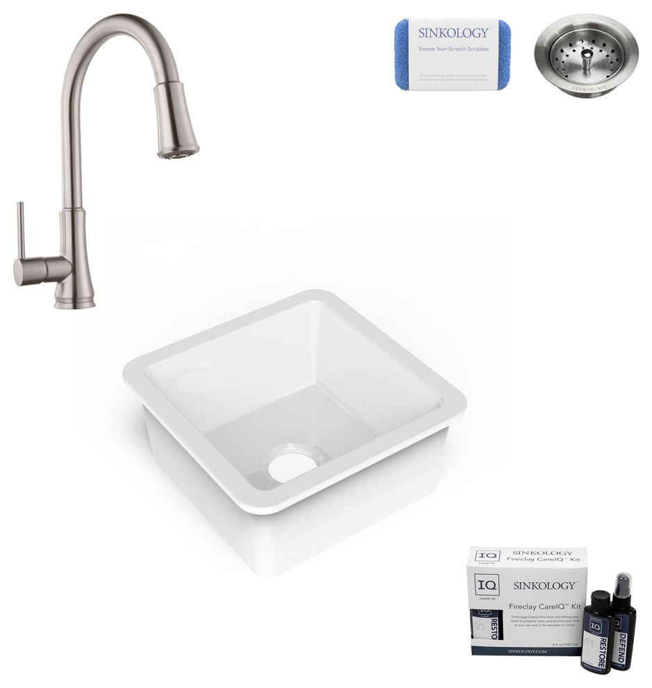 Eden 18" Undermount Fireclay Bar Prep Sink, Pfirst Faucet and Strainer Drain