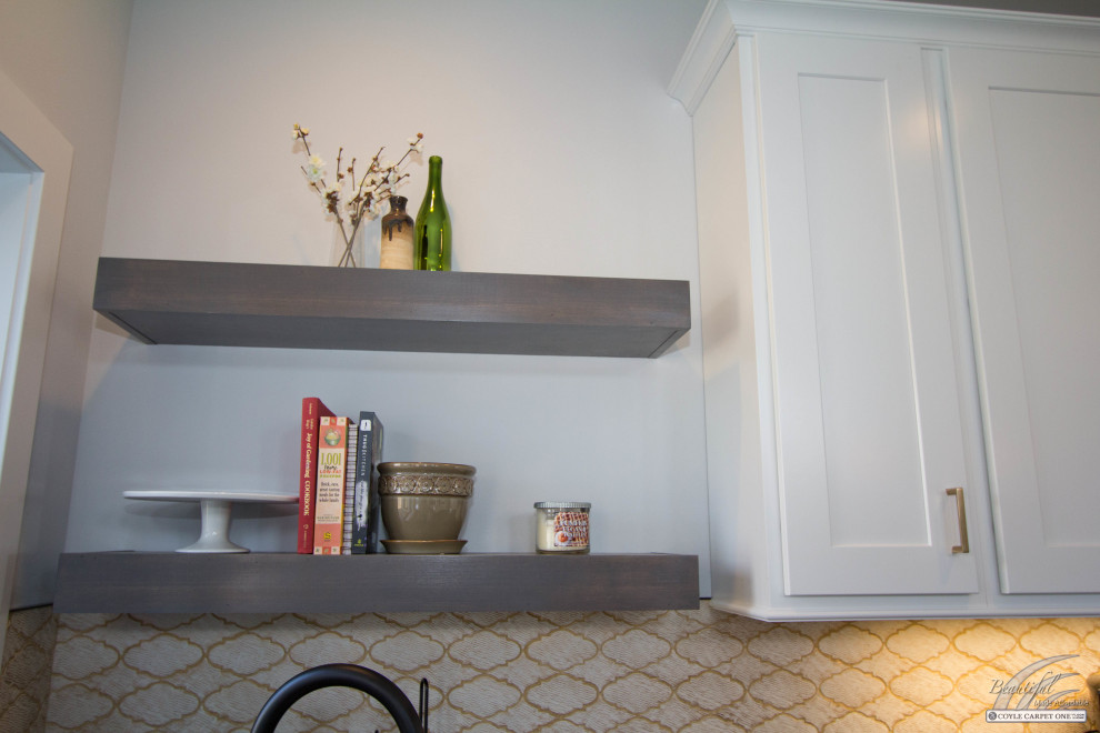 Large transitional kitchen photo with recessed-panel cabinets, white cabinets, yellow backsplash and mosaic tile backsplash