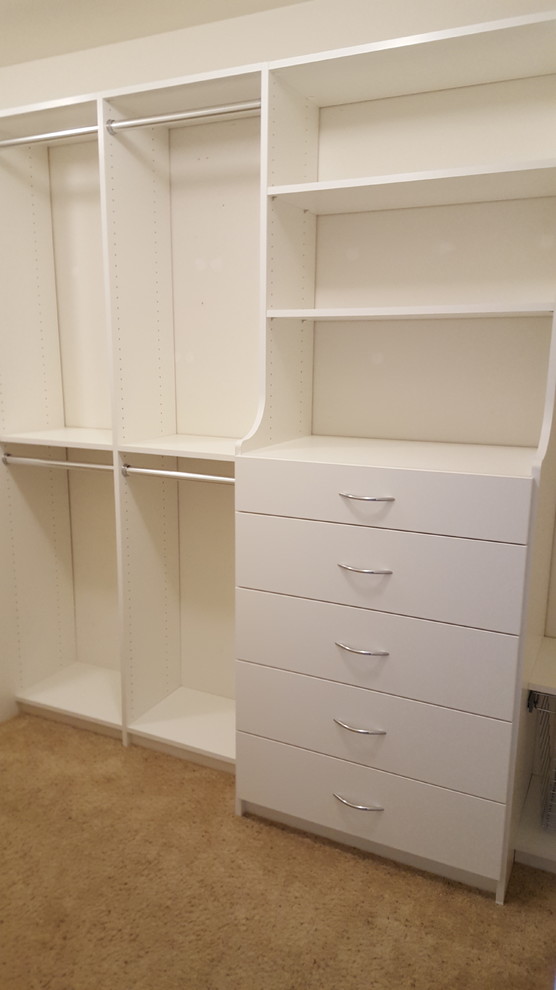 This is an example of a mid-sized contemporary gender-neutral walk-in wardrobe in Chicago with flat-panel cabinets, white cabinets and carpet.