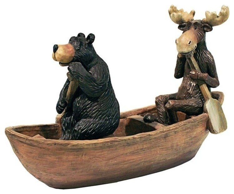 Moose and Black Bear in Boat Statue