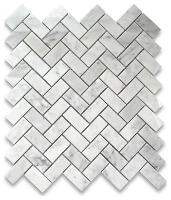 Carrara Marble Herringbone Mosaic Venato Carrera Tile Polished 1x2, 1 sheet