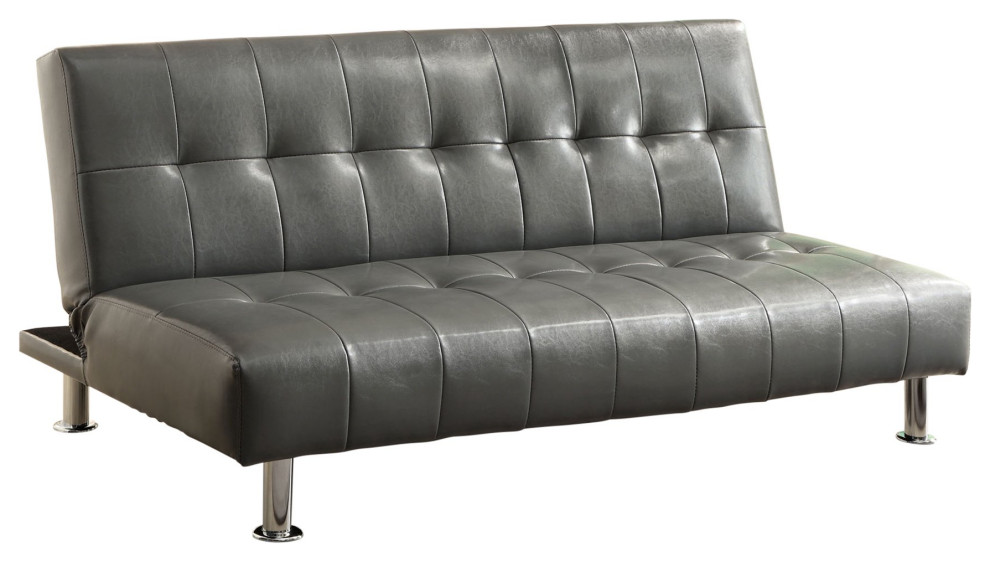 Contemporary Futon, Cylindrical Chrome Legs & Tufted Faux Leather Seat