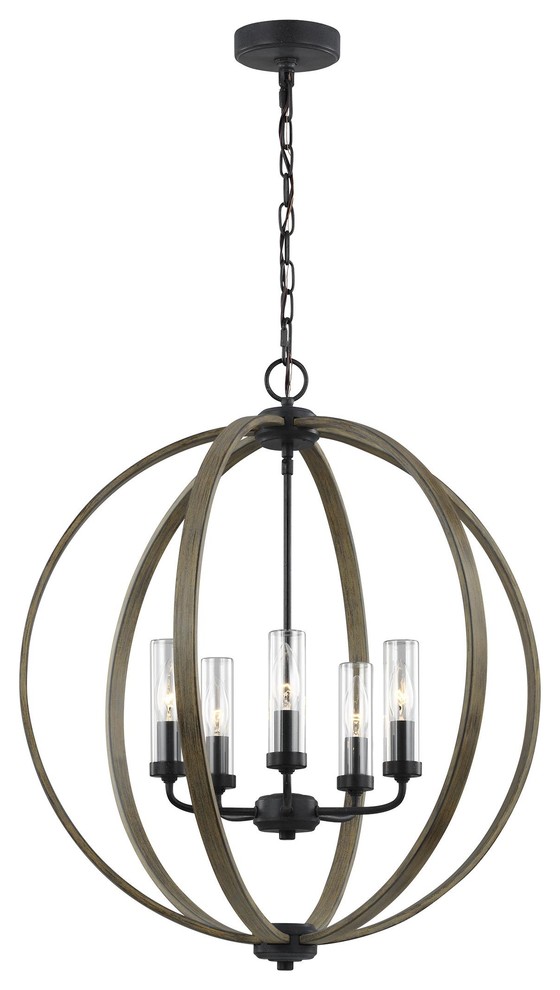 5-Light Chandelier, Weathered Oak Wood/Antique Forged Iron