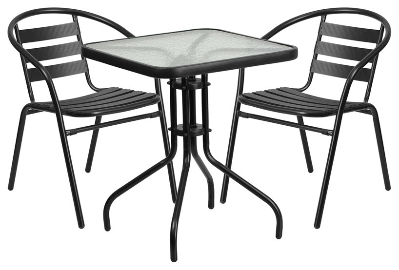 23.5'' Square Glass Metal Table With 2 Black Metal Aluminum Slat Stack Chairs