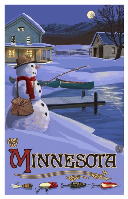 Paul A. Lanquist Minnesota Snowman Fishing Hills Art Print, 30"x45"