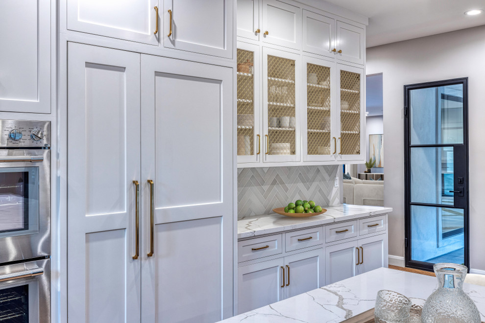 White Shaker Kitchen Cabinets & Glass Front Display Hutch | French Country Trans