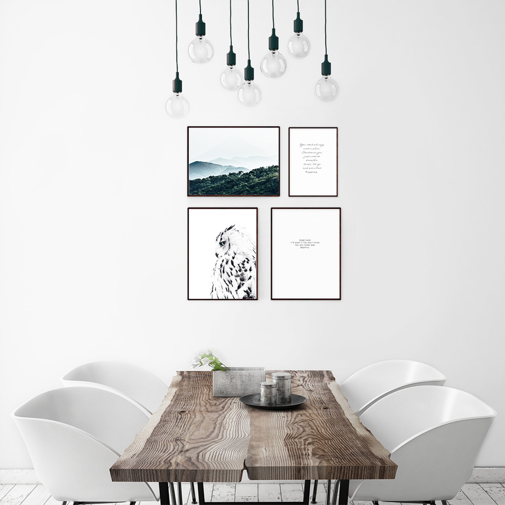 Mid-sized scandinavian dining room in Other with white walls and no fireplace.