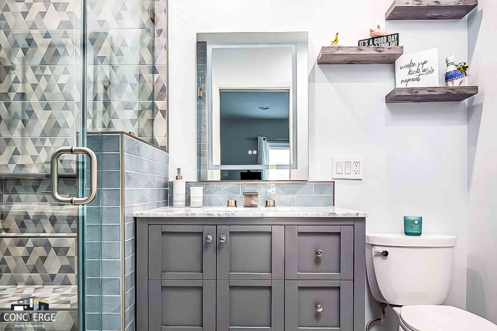 Example of a small trendy 3/4 blue tile and cement tile single-sink alcove shower design in Los Angeles with shaker cabinets, gray cabinets, granite countertops, a hinged shower door, gray countertops and a freestanding vanity