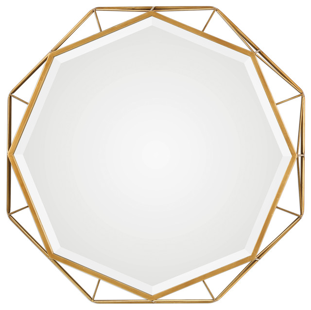 30" Gold Open Geometric Round Wall Mirror, Octagon Midcentury Modern Shape