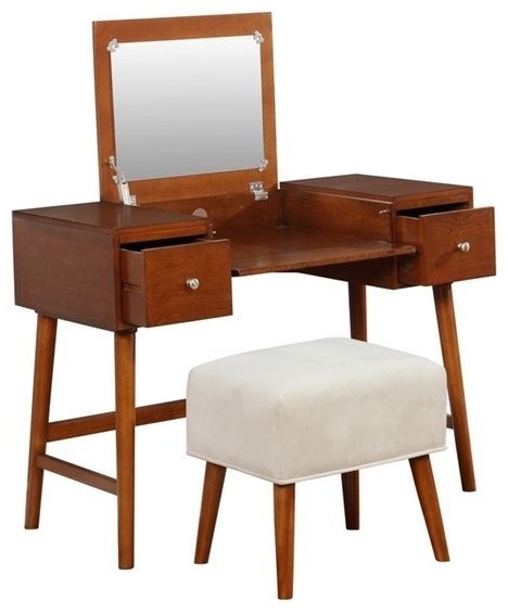 Linon Vallen Wood Vanity & Stool Set Flip Up Mirror 2 Drawers in Walnut Brown