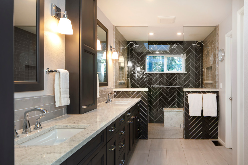 Inspiration for a large transitional master gray tile and ceramic tile porcelain tile, beige floor and double-sink bathroom remodel in Seattle with shaker cabinets, gray cabinets, white walls, an undermount sink, quartz countertops, a hinged shower door, white countertops and a built-in vanity