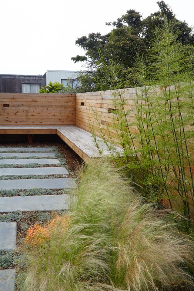 Mid-sized asian backyard full sun garden in San Francisco with a retaining wall and concrete pavers.