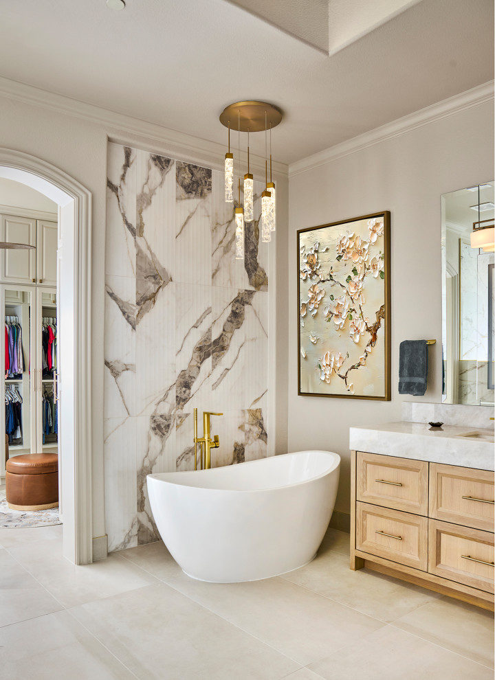 Example of a large transitional master double-sink walk-in shower design in Dallas with recessed-panel cabinets, light wood cabinets, an undermount sink, marble countertops and a built-in vanity