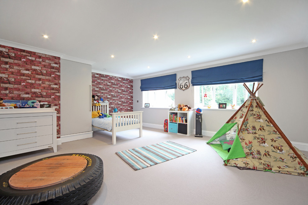 Inspiration for a large contemporary gender-neutral kids' bedroom for kids 4-10 years old in Berkshire with grey walls and carpet.