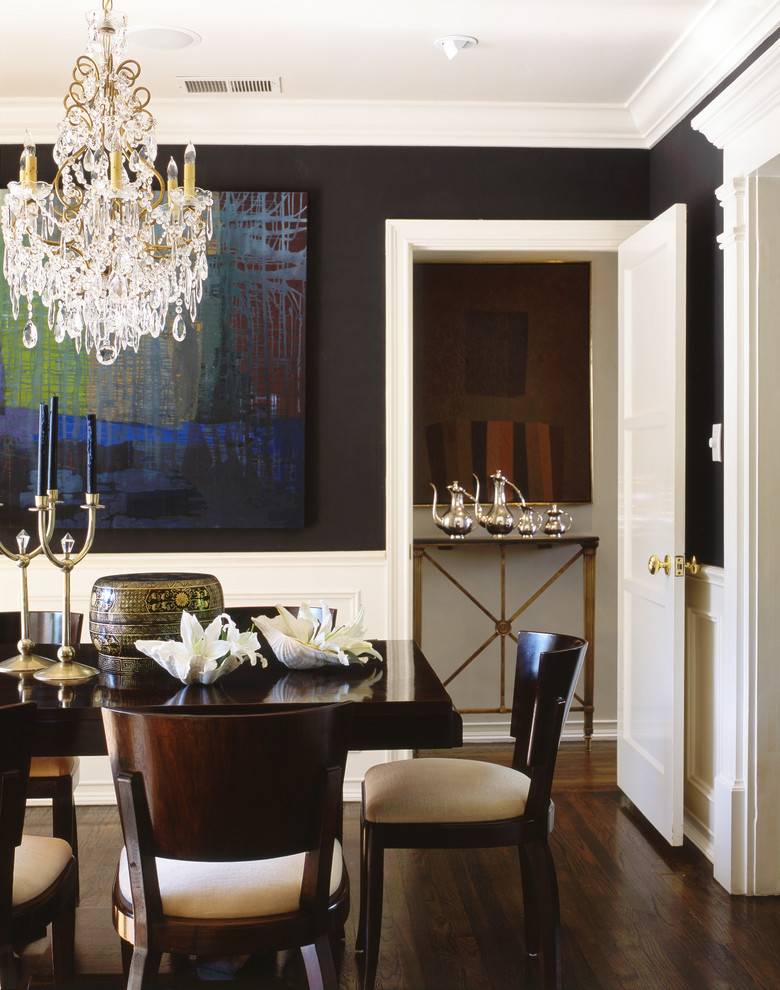 Design ideas for a traditional dining room in Los Angeles with black walls, dark hardwood floors and brown floor.