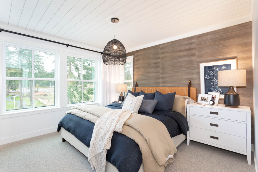 Photo of a large beach style master bedroom in Vancouver with brown walls, carpet, grey floor, timber and wood walls.