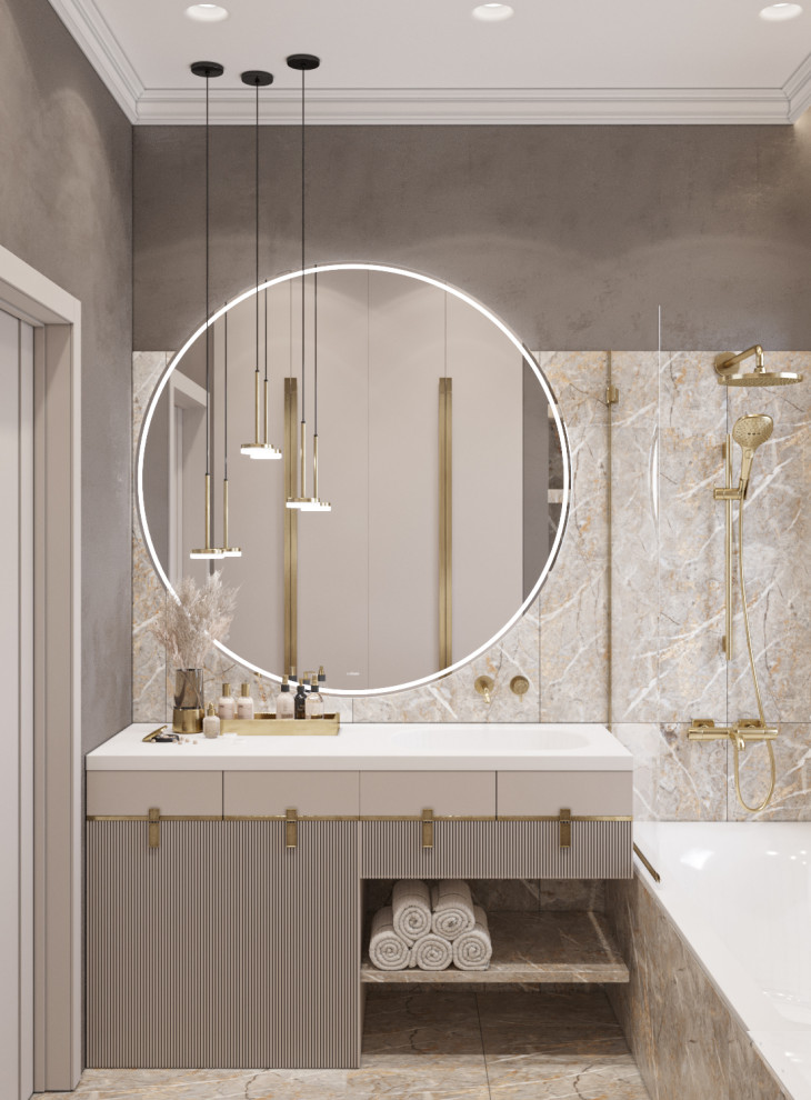 Свежая идея для дизайна: ванная комната с открытыми фасадами, отдельно стоящей ванной, душем над ванной, керамогранитной плиткой, полом из керамогранита, шторкой для ванной, зеркалом с подсветкой, тумбой под одну раковину и подвесной тумбой - отличное фото интерьера