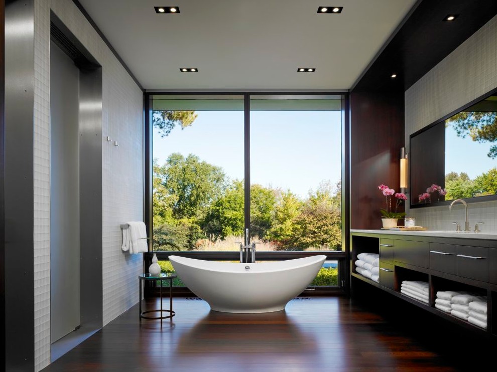 Inspiration for a modern bathroom in Chicago with a freestanding tub.