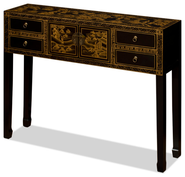 Hand Painted Chinoiserie Gold Scenery Chinese Black Elmwood Console Table