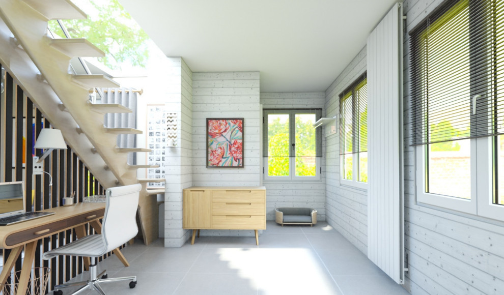 Идея дизайна: фойе среднего размера в стиле ретро с серыми стенами, полом из керамической плитки, одностворчатой входной дверью, белой входной дверью, серым полом и стенами из вагонки