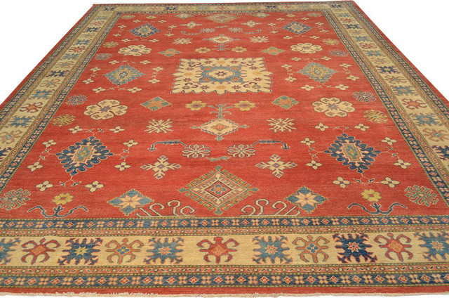 Geometric Design Red Kazak 10'x15' Hand Knotted Oriental Rug 100% Wool
