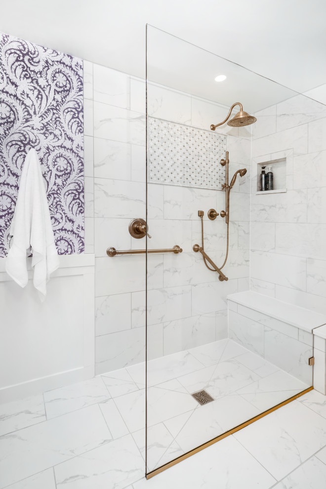 Classic ensuite bathroom in Denver with raised-panel cabinets, white cabinets, a built-in shower, grey tiles, porcelain tiles, grey walls, ceramic flooring, grey floors, an open shower, white worktops, a shower bench, a single sink and a built in vanity unit.