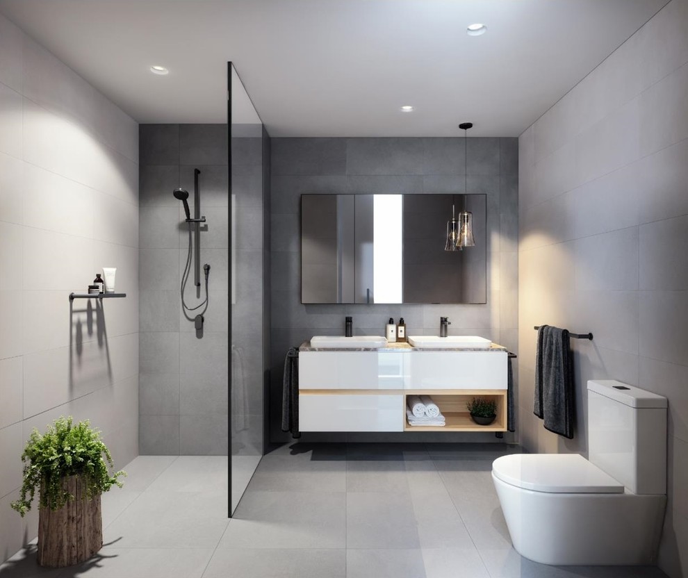 Small contemporary 3/4 bathroom in Melbourne with beaded inset cabinets, white cabinets, an open shower, gray tile, a drop-in sink, engineered quartz benchtops and an open shower.