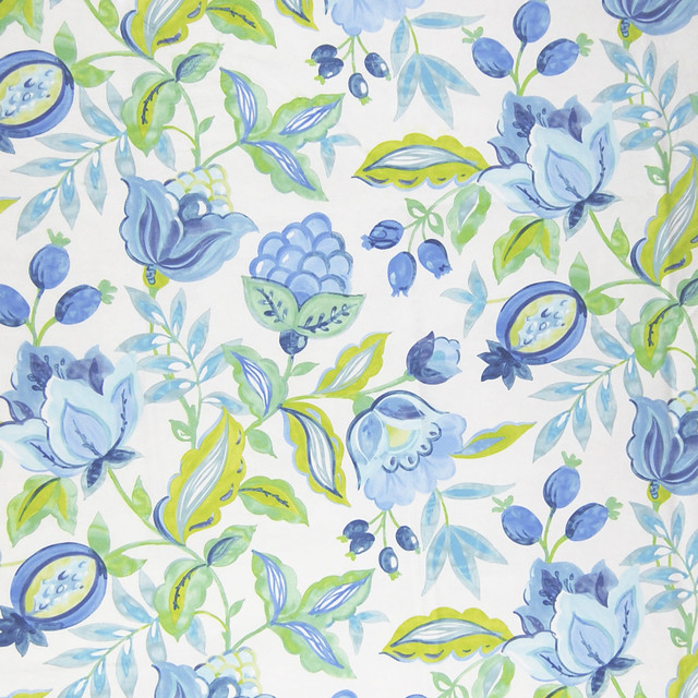 Aquarium Blue Tropical Floral Cotton Print Upholstery Fabric