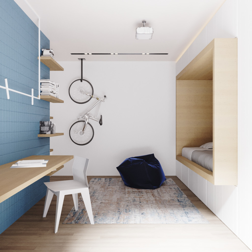 Modelo de dormitorio infantil minimalista grande con escritorio, paredes blancas, suelo de madera clara, suelo beige, bandeja y papel pintado