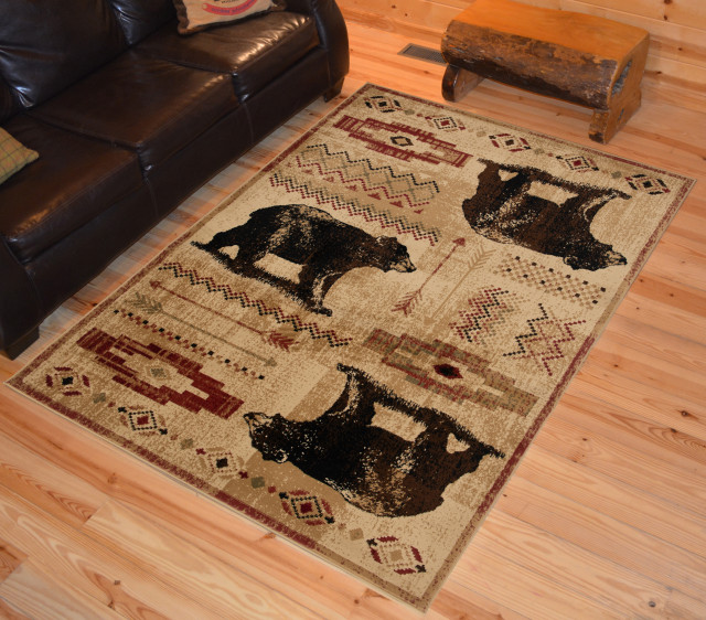 Waco Beige Multi Lodge Bear Area Rug, 5'3"x7'3 Rustic Area Rugs by Mayberry Rugs Houzz
