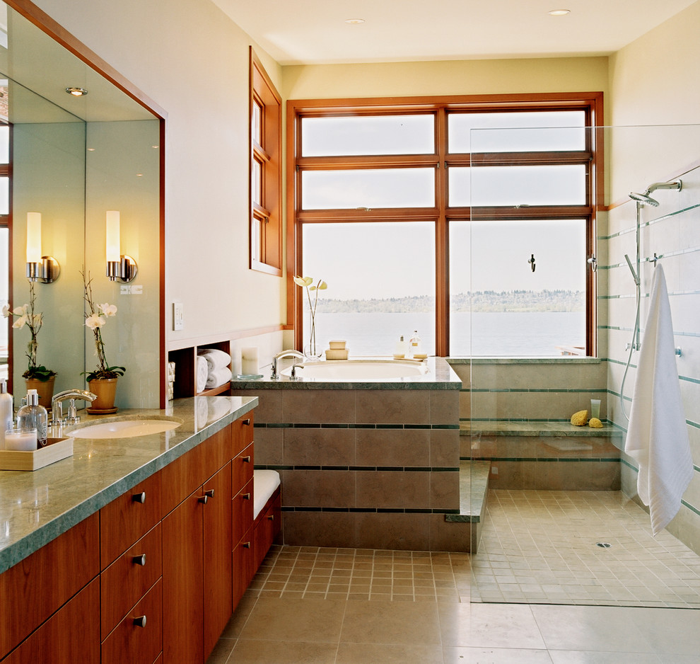 Contemporary bathroom in Seattle with a curbless shower.