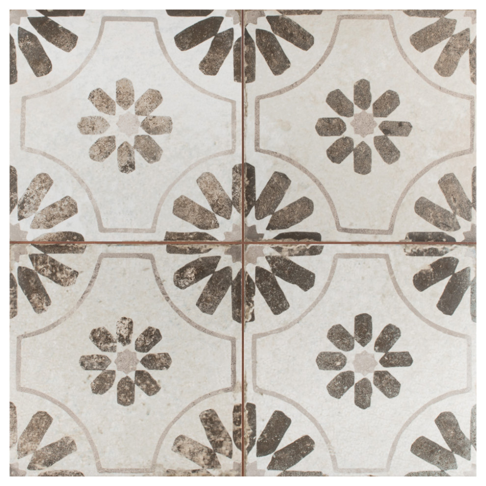 Kings Blume Encaustic Ceramic Floor and Wall Tile, Nero, Sample