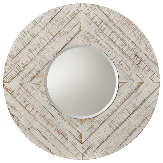 Natural Wood Round Wall Mirror, Whitewash Wood Farmhouse Wall