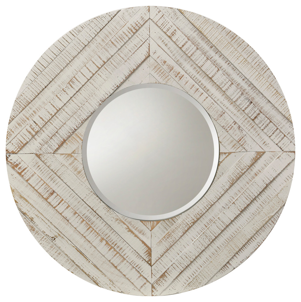 Natural Wood Round Wall Mirror, Whitewash Wood Farmhouse Wall Mirrors by Houzz