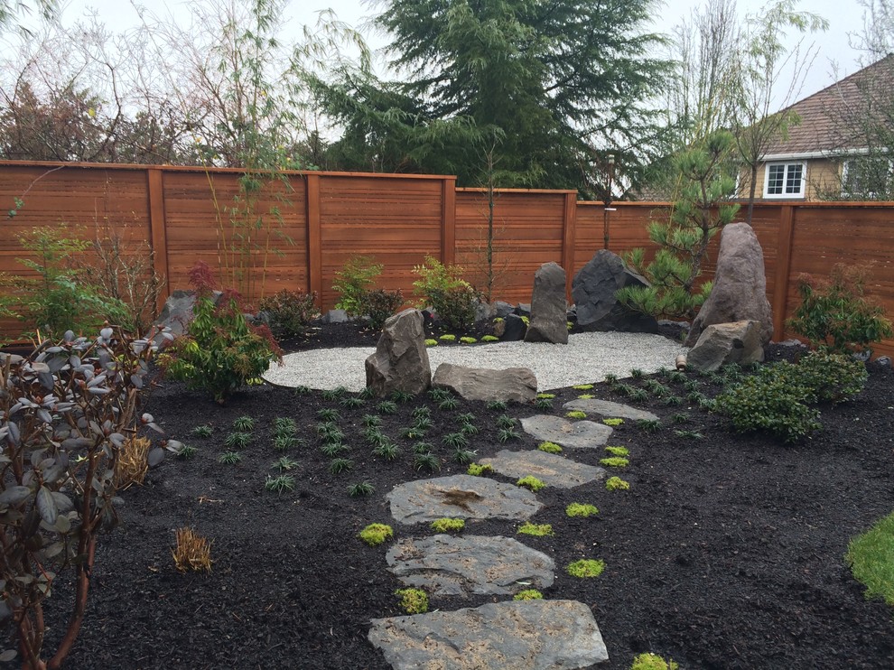 Photo of a mid-sized asian backyard formal garden in Portland.