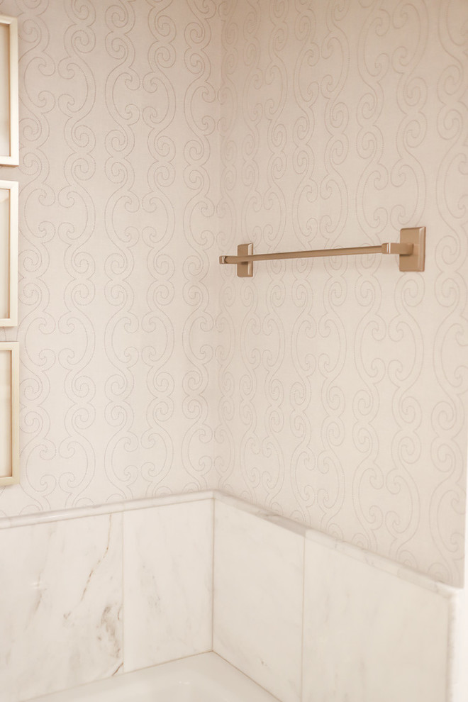 Inspiration for a mid-sized transitional master white tile and marble tile ceramic tile and gray floor alcove bathtub remodel with gray walls, beaded inset cabinets, white cabinets, a two-piece toilet, an undermount sink, quartzite countertops and a hinged shower door