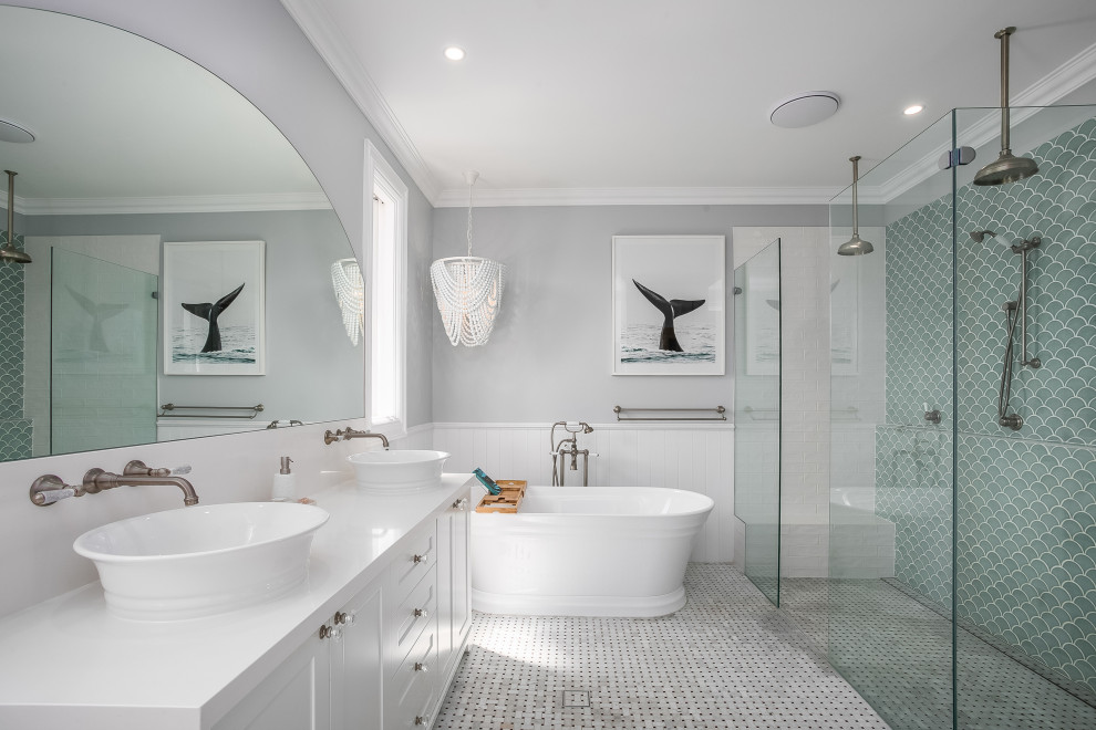 Beach style bathroom in Sydney with shaker cabinets, white cabinets, a double shower, porcelain floors, a drop-in sink, engineered quartz benchtops, an open shower, white benchtops, a double vanity, a built-in vanity and panelled walls.