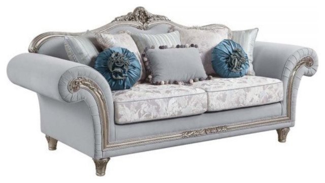 Sofa With 8 Pillows, Light Gray Linen and Platinum Finish, Pelumi,  1-Piece/1Ctn