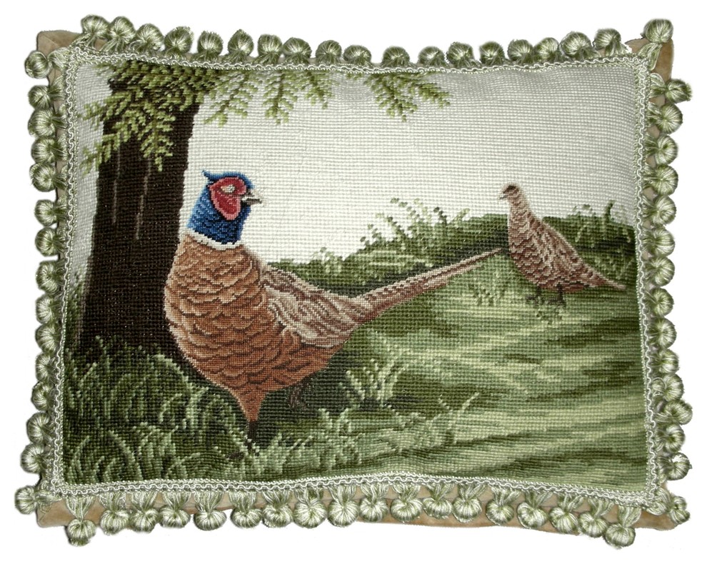 Pheasants Needlepoint Pillow Traditional Fabric Trim by Hkh Intl